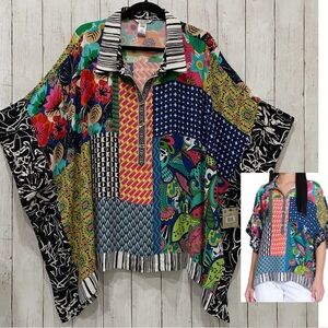 John Mark Tunic Artsy Boho Top Poncho Collar Patch Print 3/4 Sleeves New 2X/3X